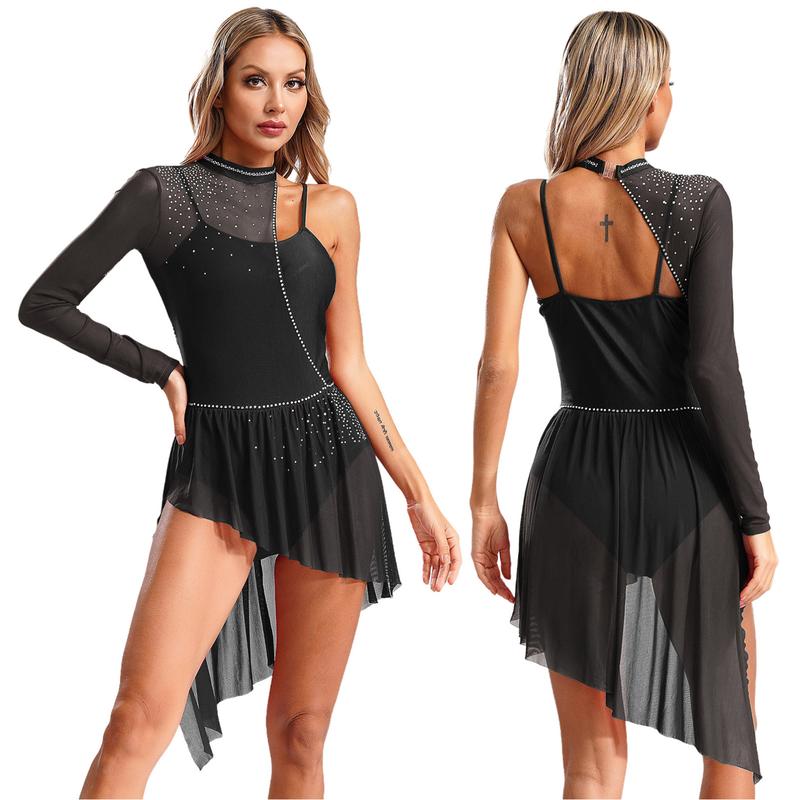 dPois Women Single Long Sleeve Lyrical Dance Costume Irregular Skirt Leotard Modern Contemporary Dress 3