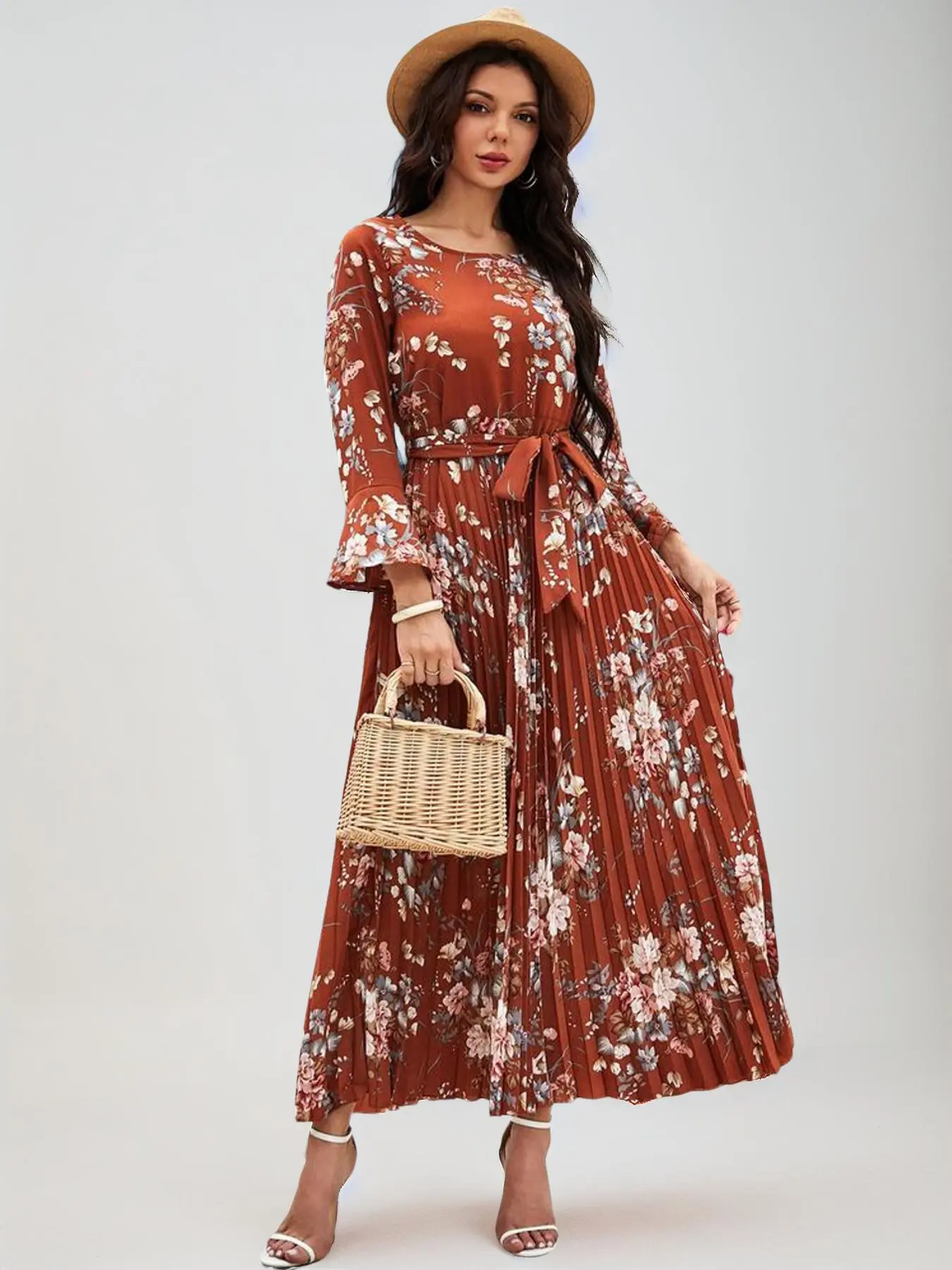 Women's Floral Print Flounce Sleeve Pleated Dress with Belt, Boho Casual Long Sleeve A-line Long Dress, Women's Dresses Summer, Ladies Summer Clothes,  Ditsy Floral Dress