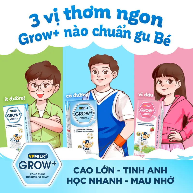 [Thùng 48 hộp 110ml] Sữa VPMIlk Grow+ ít đường, sữa công thức bổ sung dinh dưỡng MS1 5