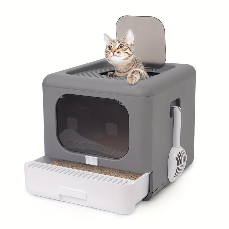 TikTok Shop Foldable Enclosed Cat Litter Box Cat Potty With Front Door Top Entry Pull Out Drawer Type Cat Toilet With Lid Easy Cleaning And Anti Splashing Cat Litter Tray With Plastic Scoop