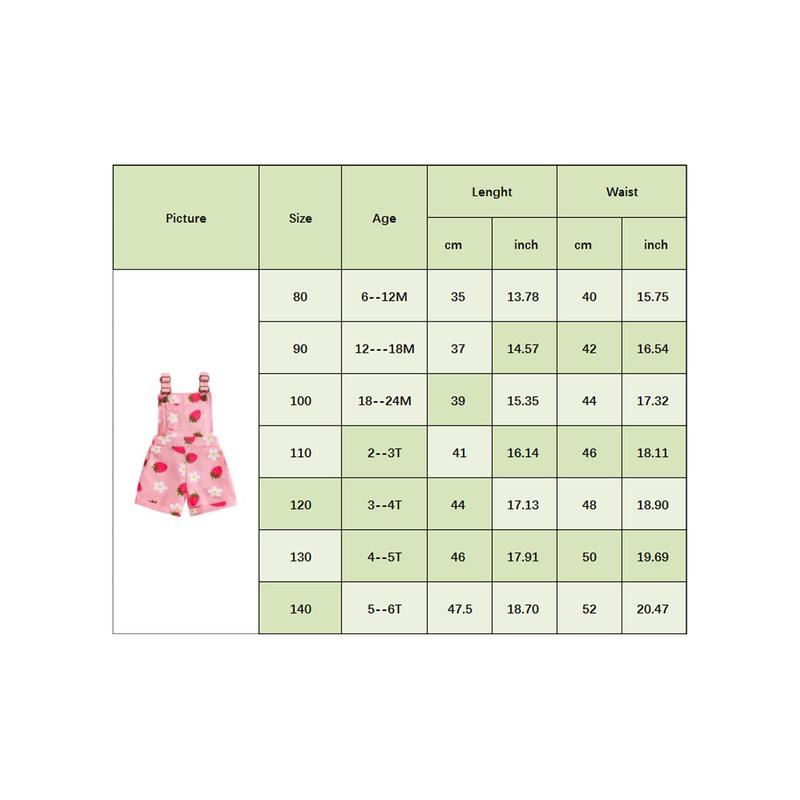 Product Introduction of Pink/ White Toddler Kid Little Girl Denim Overalls Flower/Strawberry Print Jeans Overalls Strap Suspender Shorts Outfit 6 12 18 24 Months 2-6 Years Old Kid 0