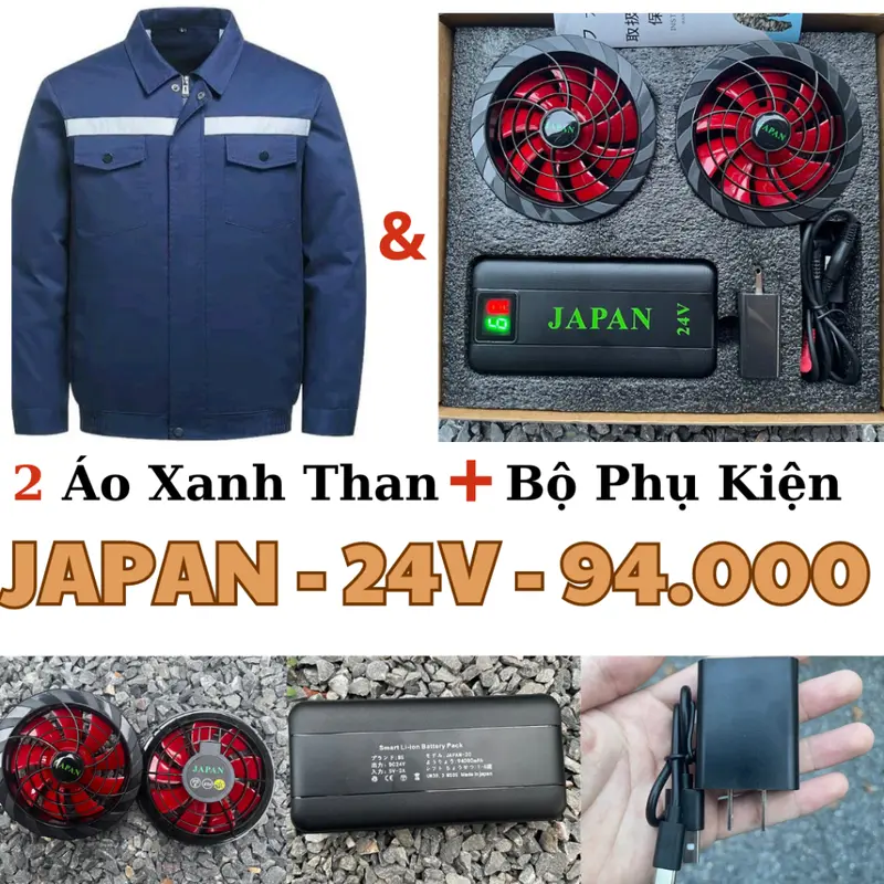Bộ 2 Áo + 1 Phụ Kiện Điều Hòa JAPAN 24V 6 cấp gió - Pin khủng 94000mah 24V + sạc + quạt 9 cánh️ 24V (12-16 tiếng) .Tặng kèm đá khô 2