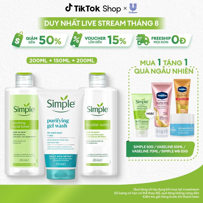 Combo 3 Skincare Simple Nước Tẩy Trang 200ml Sạch Sâu Ẩm Mịn + Sữa Rửa Mặt Kiềm Dầu Hỗ Trợ Ngừa Mụn 150ml + Nước Hoa Hồng Làm Dịu & Cân Bằng Da 200ml - Dành Cho Da Dầu Mụn [1]