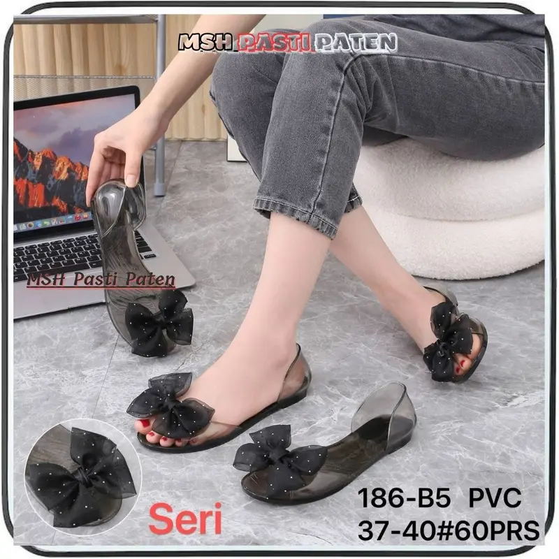 MSH 186 Sepatu Jelly Motif Pita Wanita Dewasa Sepatu Teplek Perempuan Karet Shoes sepatu  sandal tali Luofu 6