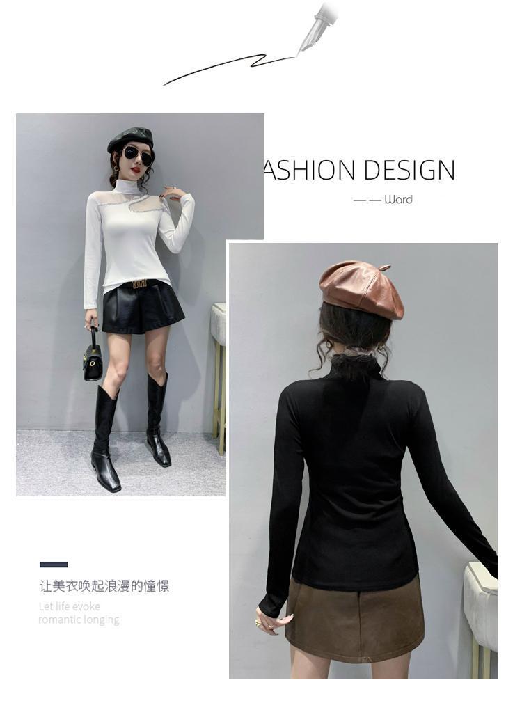 Product Introduction of Áo Mỏng Cho Nữ, Cổ Lọ European Station, Khâu Lưới, Thiết Kế khoét Dài Tay, Dáng Ôm, Hàng Mới Về Năm 2024, Thích Hợp Cho Mùa Thu Và Mùa Đông, Có Dát Kim Cương Top Women Sơ Mi Shirt 4