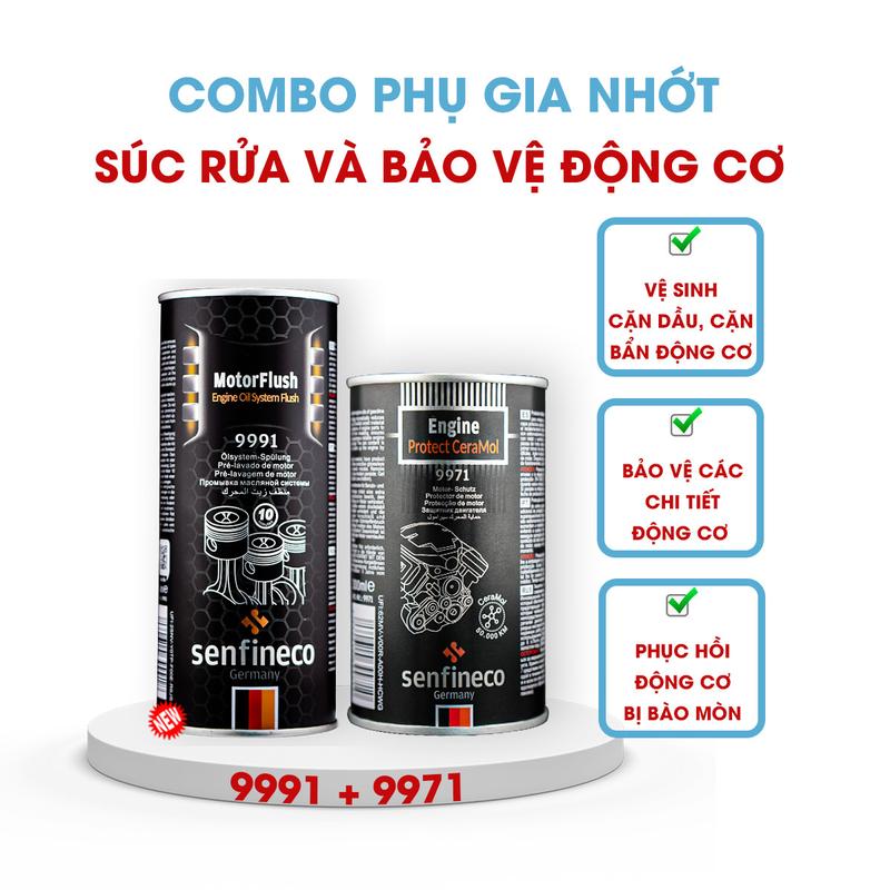 Senfineco Combo 9991+9971: Lon súc động cơ làm sạch khoang máy MotoFlush Engine Oil System Flush 9991 & Phụ gia nhớt nano gốm cao cấp sử dụng cho xe máy xăng và máy dầu Engine Protect CeraMol 9971, Dung tích 300ml baoduong xe oto