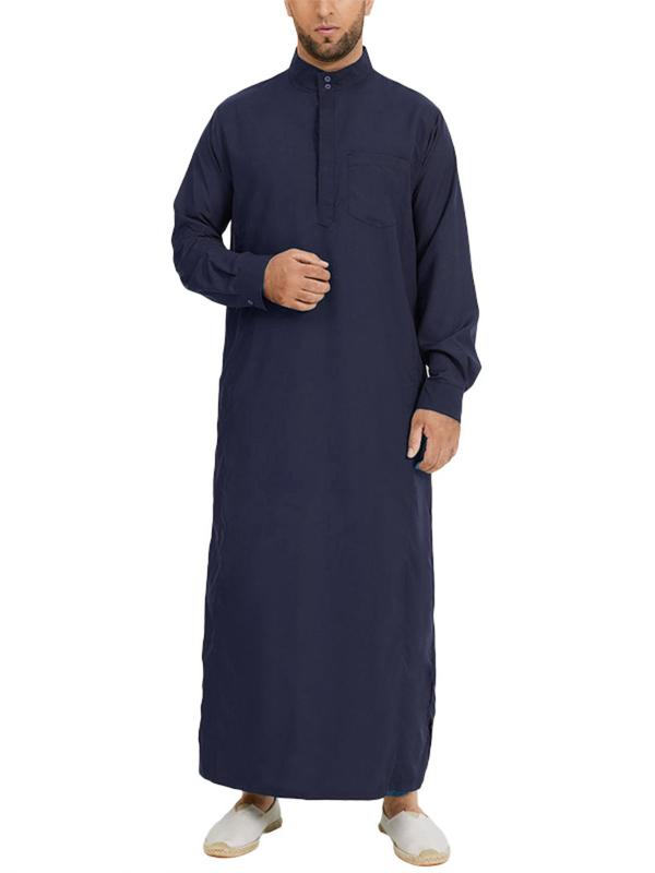 Men's Loose Solid Button Front Split Hem Kaftan, Modest  Mock Neck Pocket Arab Thobe, Casual Men's Islamic Clothing for Daily Wear 2