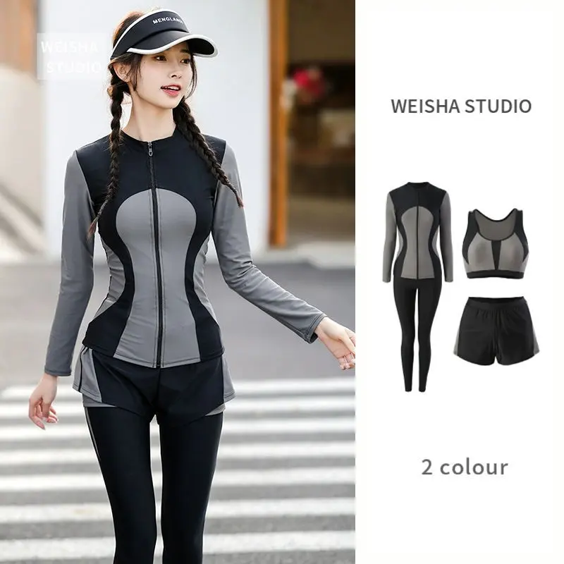 Long sleeved, long pants, sun protection swimsuit for women in 2024, new conservative hot spring surfing suit, diving suit, belly covering and slimming swimsuit