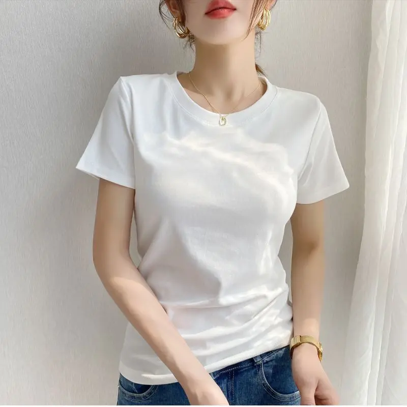 Áo Thun Vai Ngắn Tay Màu Trắng, Dành Cho Nữ, Chất Liệu Cotton, Cổ Tròn, Dáng Ôm, Phong Cách Cơ Bản, Áo, Hàng Mới Về Mùa Hè 2024, Bán Chạy Tại Cửa Hàng