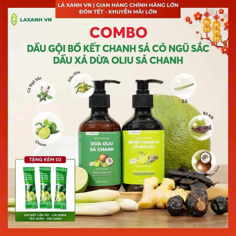 Combo (Dầu gội Bồ Kết chanh sả cỏ ngũ sắc + Dầu xả Dừa oliu sả chanh) Lá Xanh Vn + (tặng kèm 03 gói rau củ cần tây mật ong), sản phẩm chưng cất từ  nước cốt dược liệu đậm đặc, giúp tóc suôn mềm, giảm  rụng, hương thơm tự nhiên..
