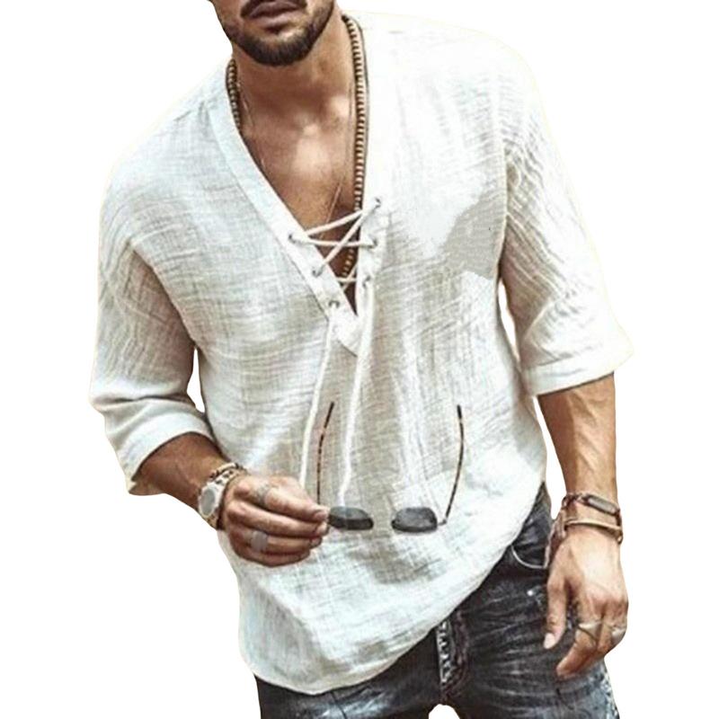 Bvbfzin Men V-neck Shirt Loose Fit Men Top Men's Lace-up V Neck Shirt Retro Style Mid Sleeves Loose Fit Top for Daily Wear in Asia 7
