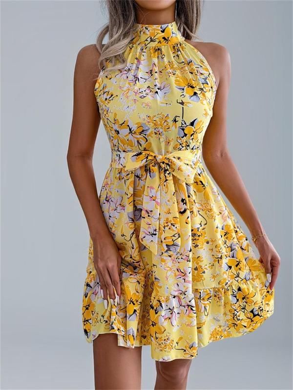 Women's All Over Floral Print Belted Dress, Casual Sleeveless Dress for Summer, Women's Clothes for Beach Holiday 2