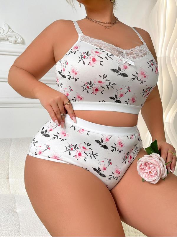 【Plus Size】 Two-Piece Set Floral Print Bow Decor Contrast Lace Bra & High Waist Panty, Adjustable Spaghetti Strap Wireless Bra & High Rise Panty, Women's Lingerie Set for All Seasons 5