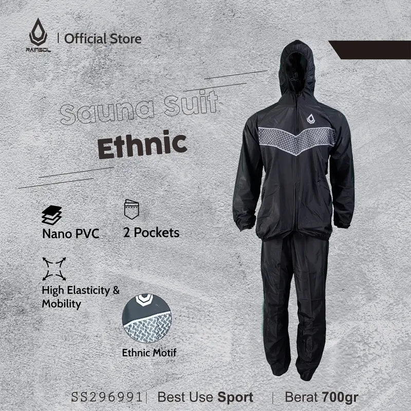 Sauna Suit Rainsol Ethnic | Baju Sauna | Jaket + Celana Sauna | Full Resliting Set Uniseks Sport 1