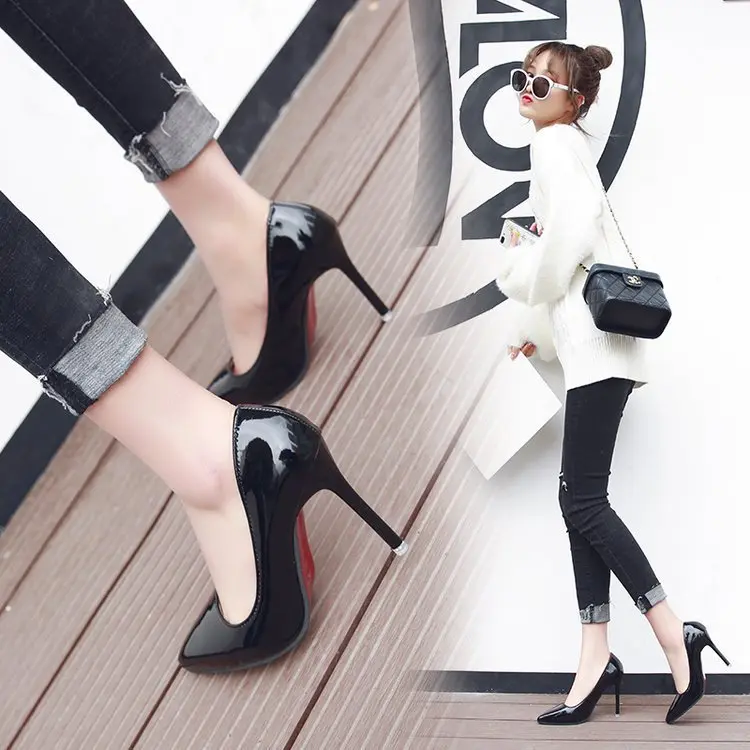 giày gót nhọn công sở 9cm da đen bóng Nữ