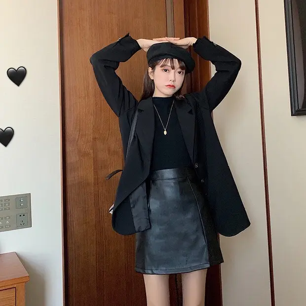 Chân Váy Da  Chữ A dáng ngắn 818 Nữ Women Đen 5
