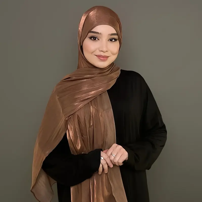 1pc Elegant Polyester Organza Hijab Scarf for Women, Luxurious Pleated Glitter Shawl, Solid Color, Non-Stretch, Woven Craftsmanship, Decorative Accessory for Party, Ramadan, No Feathers 0