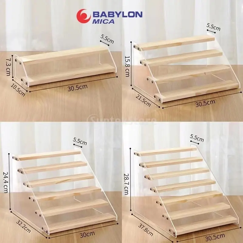 Kệ Gỗ Kết Hợp Mica Trưng Bày Mô Hình Mỹ Phẩm Nước Hoa, Kệ Gỗ Mini Để Bàn Bậc Thang 2-7 Tầng