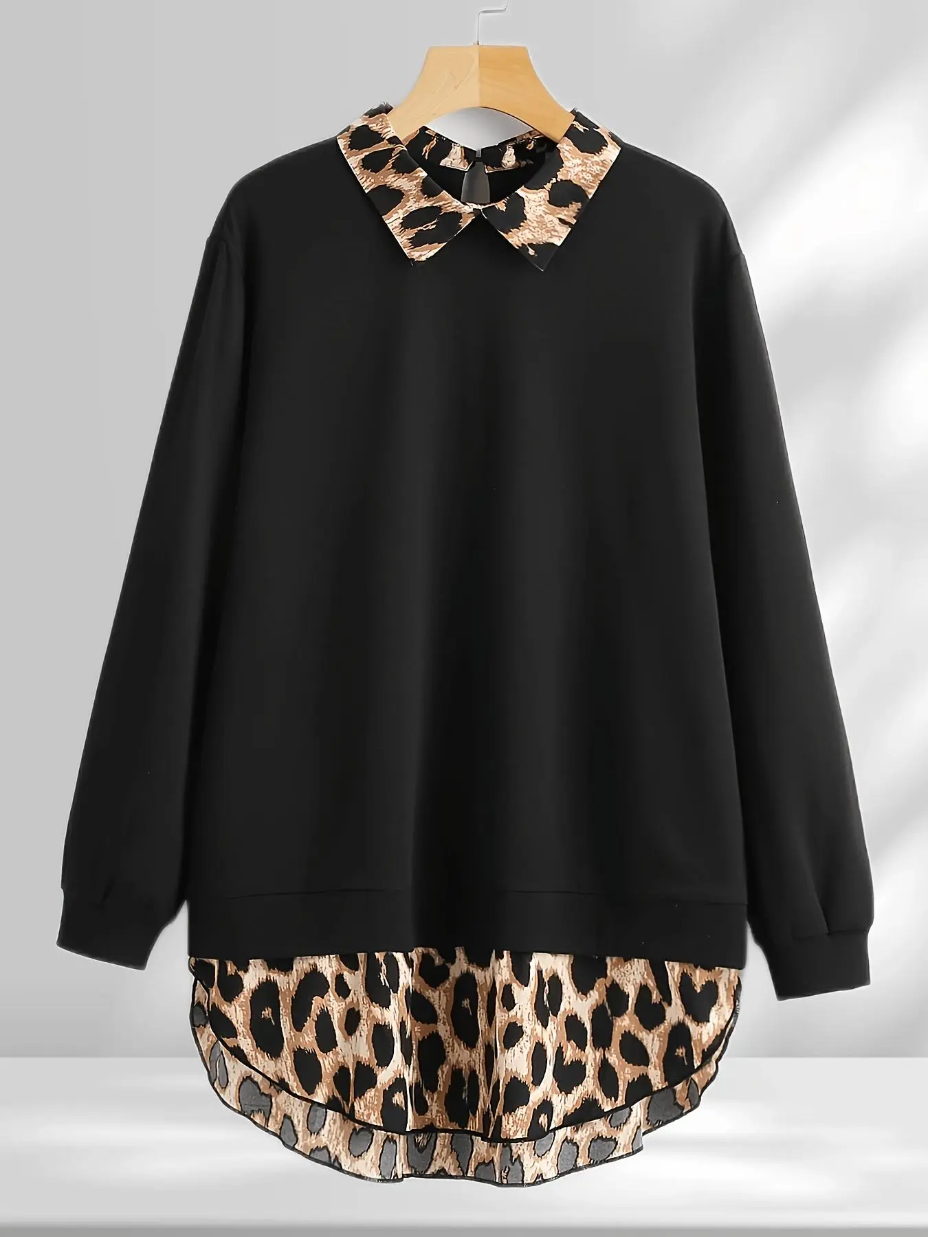 Women's Leopard Patchwork Print Top, Elegant Long Sleeve Collared Top for Fall & Winter, Ladies Clothes for Daily Wear
