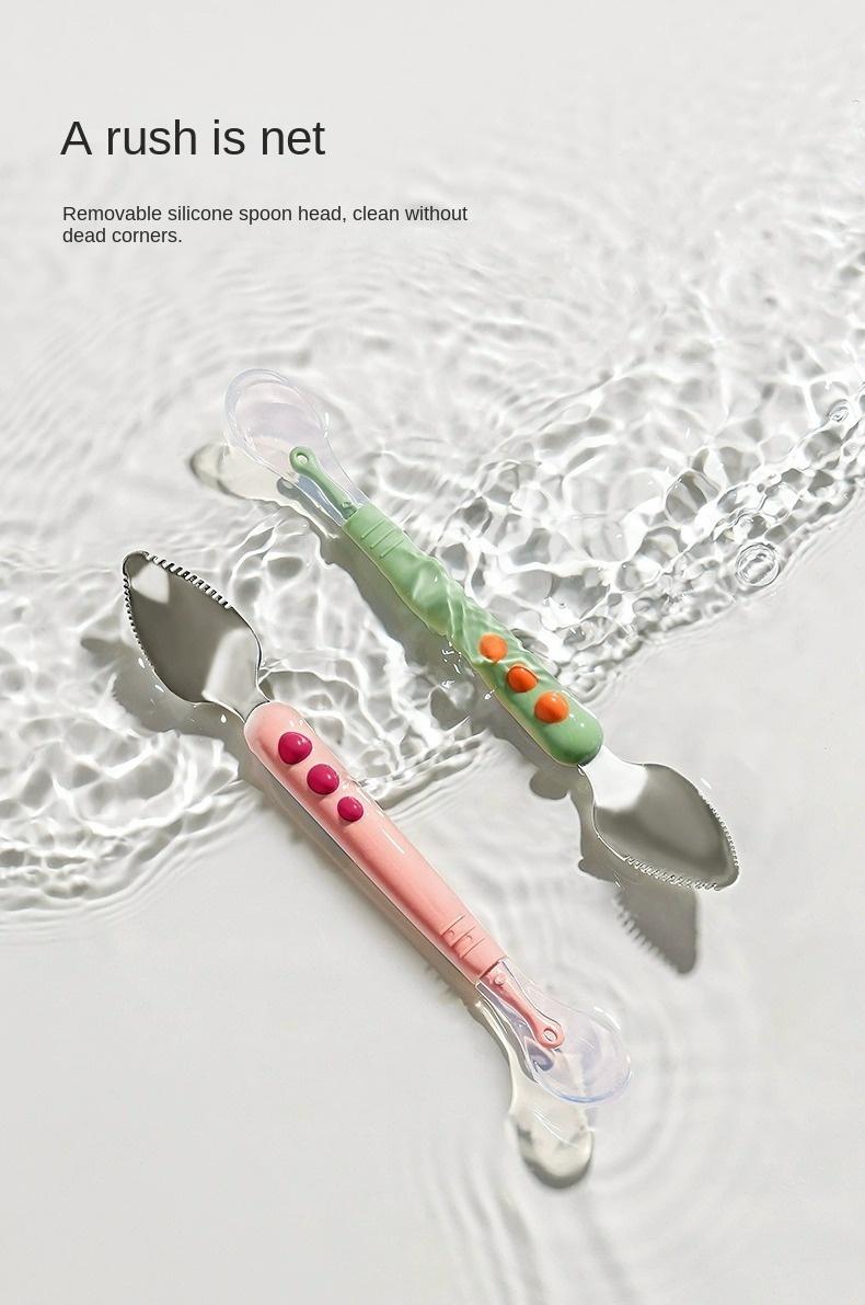 Product Introduction of Double-Headed Mud Scraper Spoon Baby Food Supplement Baby 316 Stainless Steel Fruit Puree Spoon Silicone Spoon Feeding Mud Scraper Spoon 9