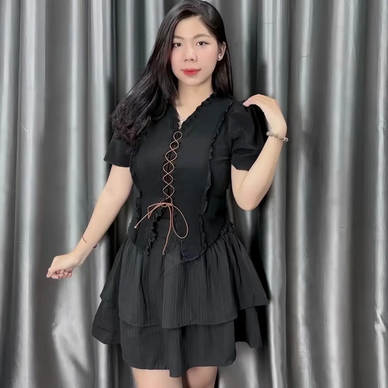 Áo Thun Đan Dây Chất Thun Mỹ QC Co Giãn 4 Chiều Kèm Chân Váy 2 Tầng hottrend Nữ Women Nhung Kem