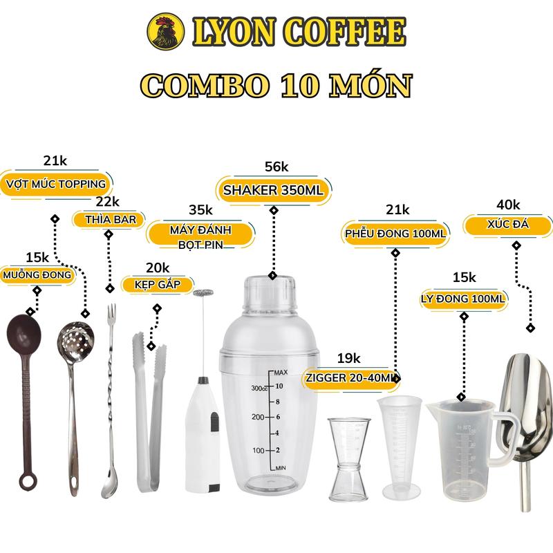 Combo Dụng Cụ Pha Chế 10 Món Chuyên Nghiệp – Đồ Gắp Thìa Bar Inox 26cm Vợt Múc Topping Muỗng Đong Bình Lắc Nhựa 350ml Zigger Nhựa 20-40ml Ly Đong 100ml Xúc Đá Máy Đánh Bọt Pin Phễu Đong 100ml