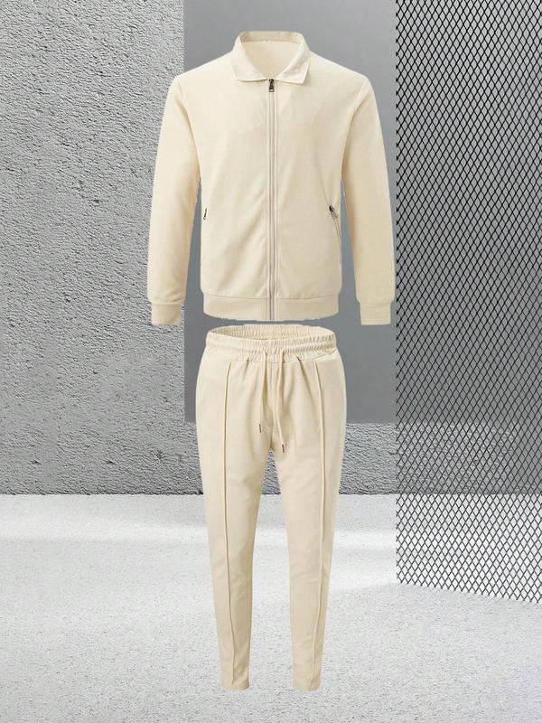 Men's Solid Waffle Zip Up Jacket & Top-stitching Drawstring Waist Sweatpants Set, Regular Fit Casual Long Sleeve Collared Outerwear & Pocket Pants for Daily Wear, Men's Outfits for All Seasons 3