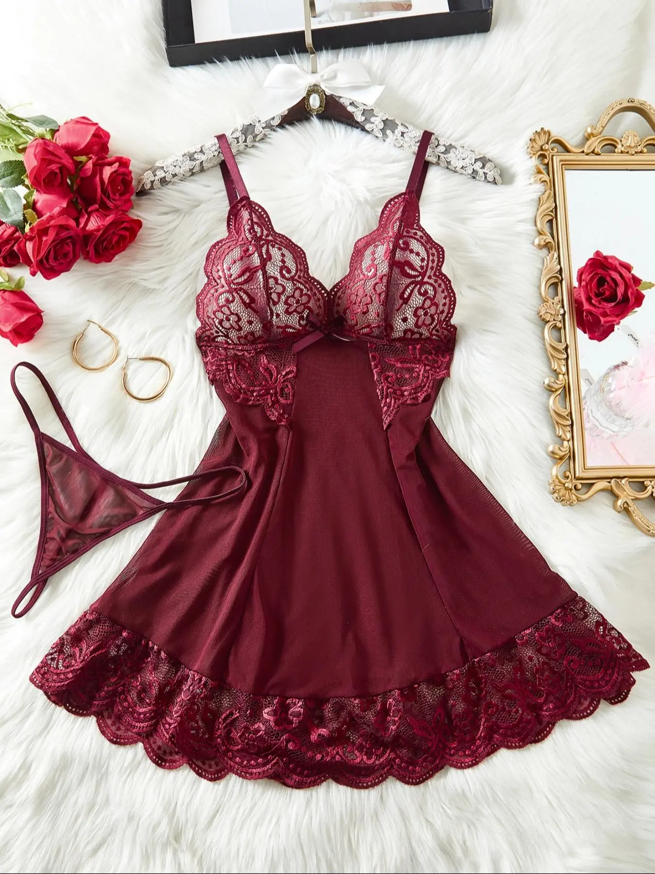 【Plus Size】 Floral Lace Sheer Cami Nightdress & Thong Sexy Lingerie Set, Adjustable Spaghetti Strap Bow Front Nightgown & Panty, Women's Nightdress & Panties Set for All Seasons, Naughty Lingerie Valentine's Day, gift