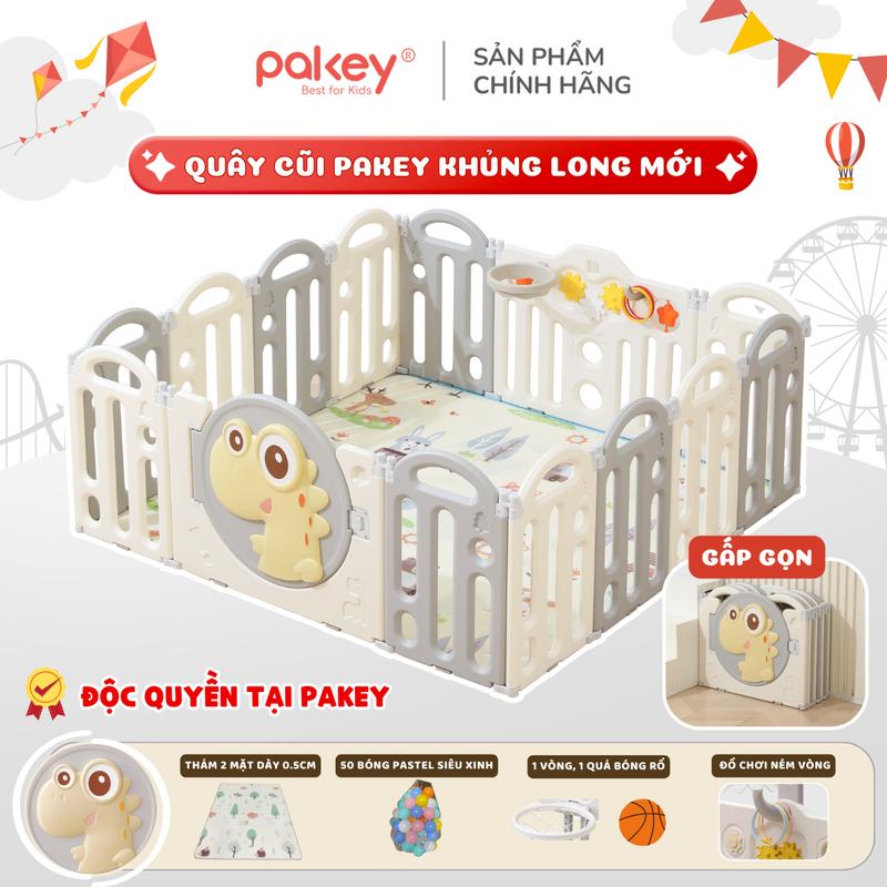 Quây Cũi Nhựa Gấp Gọn Pakey Khủng Long Mẫu Mới Dùng Trên Mọi Loại Sàn Tặng 50 bóng + thảm vừa quây + đồ chơi bóng rổ + ném vòng An Toàn Cho Bé