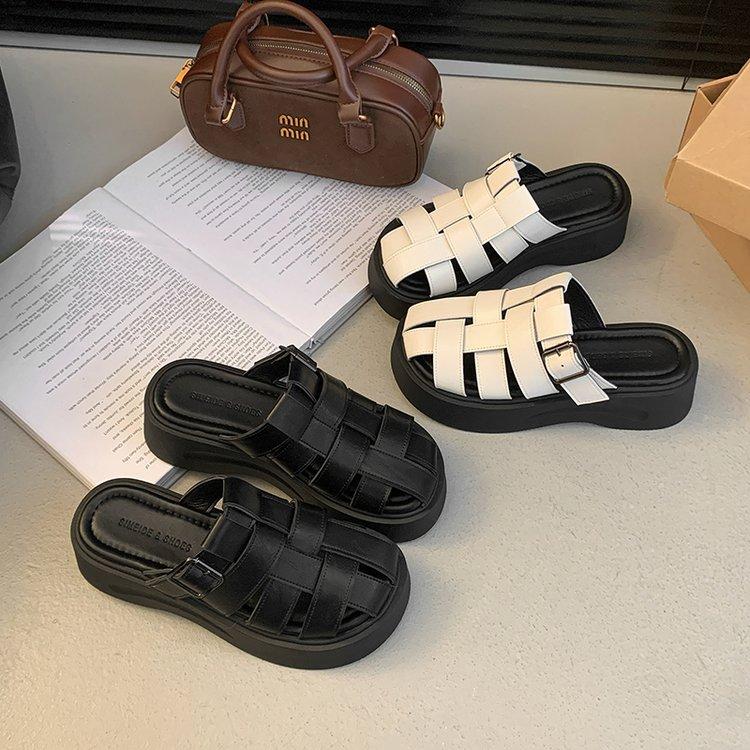Product Introduction of Thick Sole Closed Toe Woven Half Slippers for Women 2025 Summer New Comfortable Lightweight Slip-On Casual One-Word Slippers 1