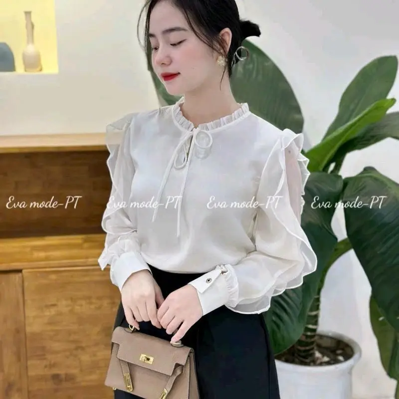 Áo sơmi cổ trụ phối bèo Hàn Quốc nhẹ nhàng, sang chảnh - Size S, M, L, XL (40-63kg) - Nữ Top Women 2