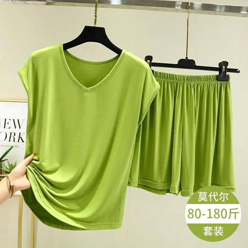 Áo Thun Không Tay Vải Modal, Dành Cho Phụ Nữ, Mặc Mùa Hè, Áo Sơ Mi Lớp Cơ Sở Dáng Rộng, Đồ Ngủ Mỏng, Cỡ Lớn, Bộ Hai Mảnh Áo Và Quần Đùi
