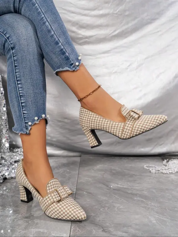 Women's Fashionable Houndstooth Pattern Ankle Strap High Heel Shoes, Casual Comfortable Pointed Toe Heels for Party, Daily Clothing Decor for Women & Girls, Stylish 6
