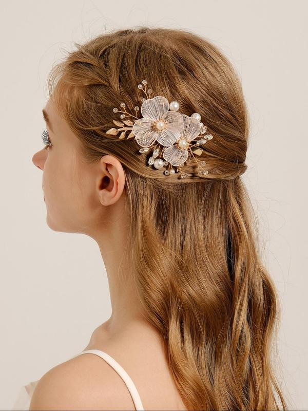 Handmade Flower Design Headwear,  Elegant Faux Pearl & Rhinestones Decorated Bridal Headwear for Wedding Party, Daily Clothing Decor, Trendy All-match & Exquisite Hair Accessories for Women & Girls 2