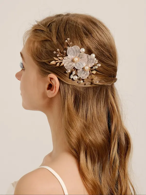 Handmade Flower Design Headwear,  Elegant Faux Pearl & Rhinestones Decorated Bridal Headwear for Wedding Party, Daily Clothing Decor, Trendy All-match & Exquisite Hair Accessories for Women & Girls 2
