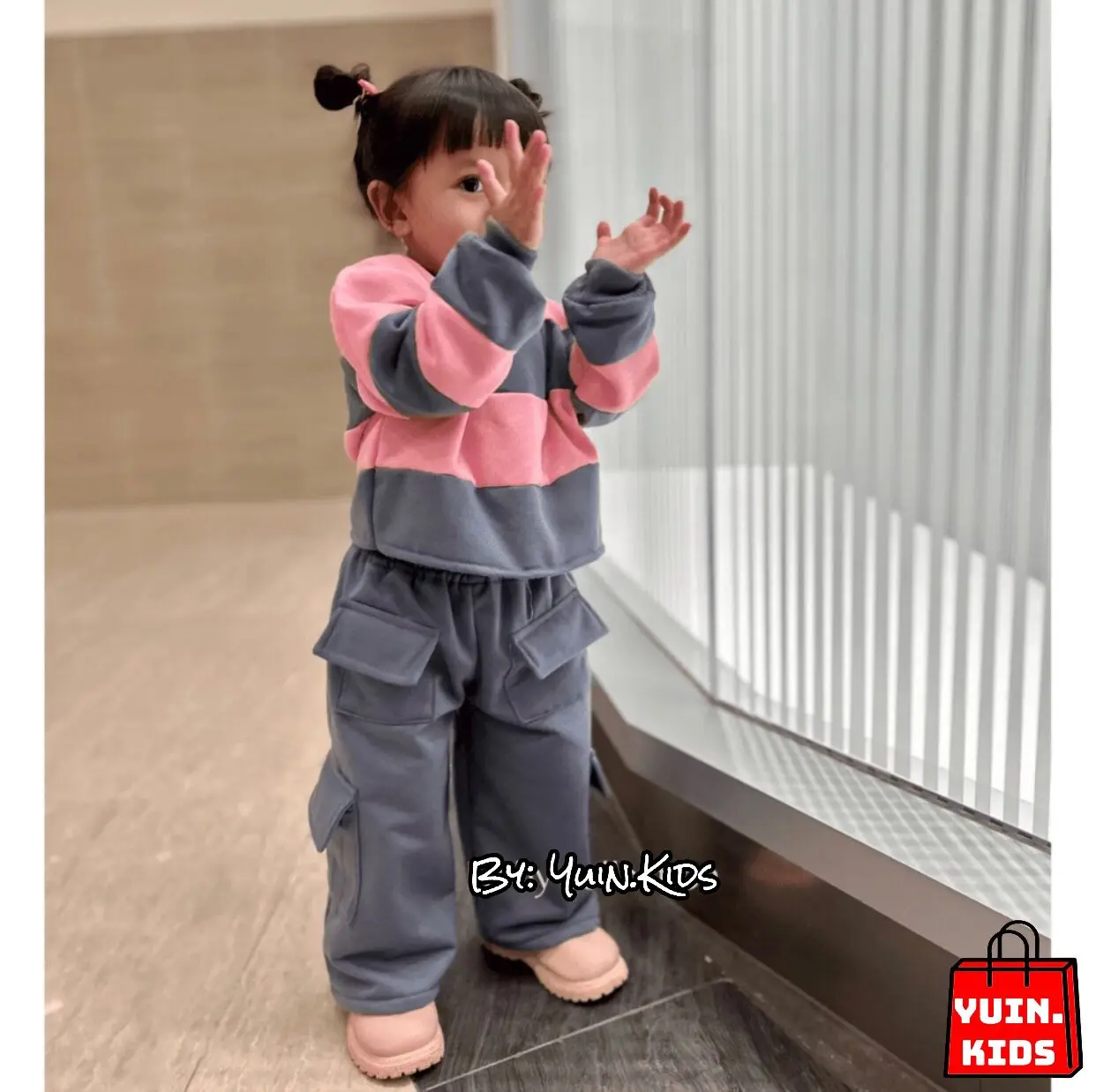 One Set Anak Perempuan Lucu Usia 1-10 Tahun Sweater Stripe Crop Cargo Dan Celana Jogger