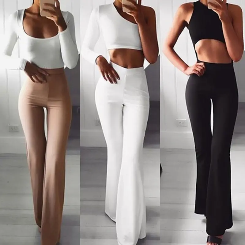 Women Solid High Waist Flare Wide Leg Chic Trousers Bell Bottom  Pants