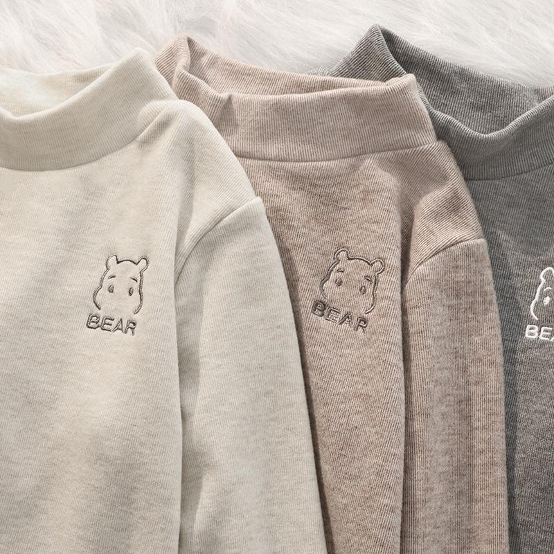   Loại đẹp  Áo Giữ Nhiệt Lót Lông Nhung Thêu Gấu Bear Áo Dài Tay Cổ 3cm Ấm Áp Cho Bé Trai Bé Gái 6-34kg 