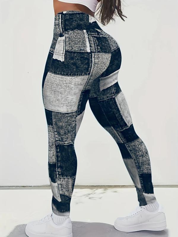 Plus Size Patchwork Denim-Effect Print High Waist Leggings, Plus Casual Comfort Skinny Pants, Lady Plus Bottoms for Spring & Fall, Womenswear 1