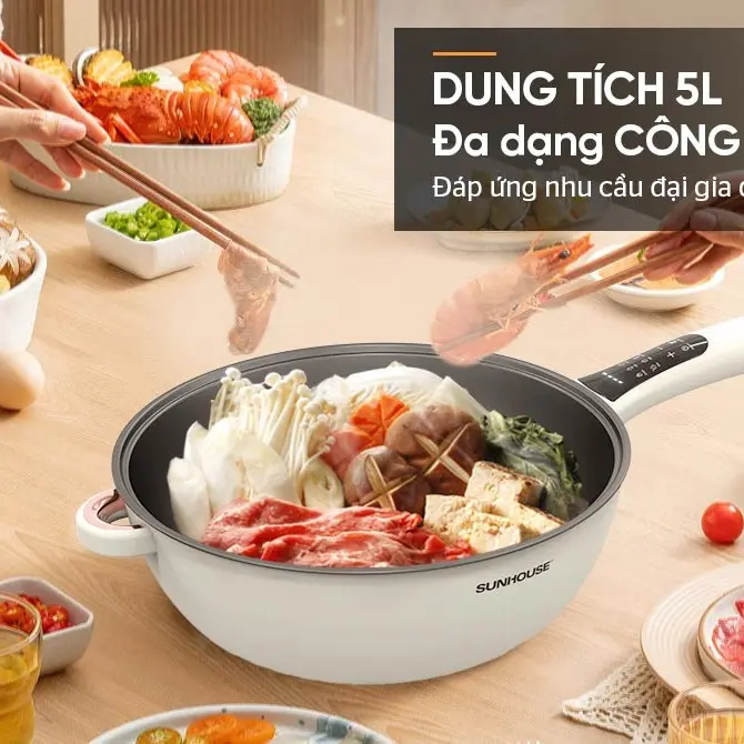 [MẪU MỚI] Chảo điện đa năng dung tích 5L SUNHOUSE SHD4555, 6 chức năng chiên, xào, lẩu, hấp, nấu cháo, giữ ấm 4