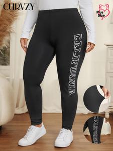 CURVZY Plus Size Letter Print High Waist Leggings, Casual Comfy Skinny Pants for Women, Women's Bottoms for Spring & Fall
