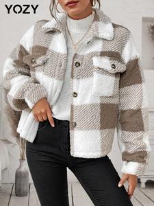 YOZY Women's Plaid Print Button Front Flap Pocket Fuzzy Plush Coat, Casual Drop Shoulder Outerwear for Fall & Winter, Women's Clothing for Daily Wear