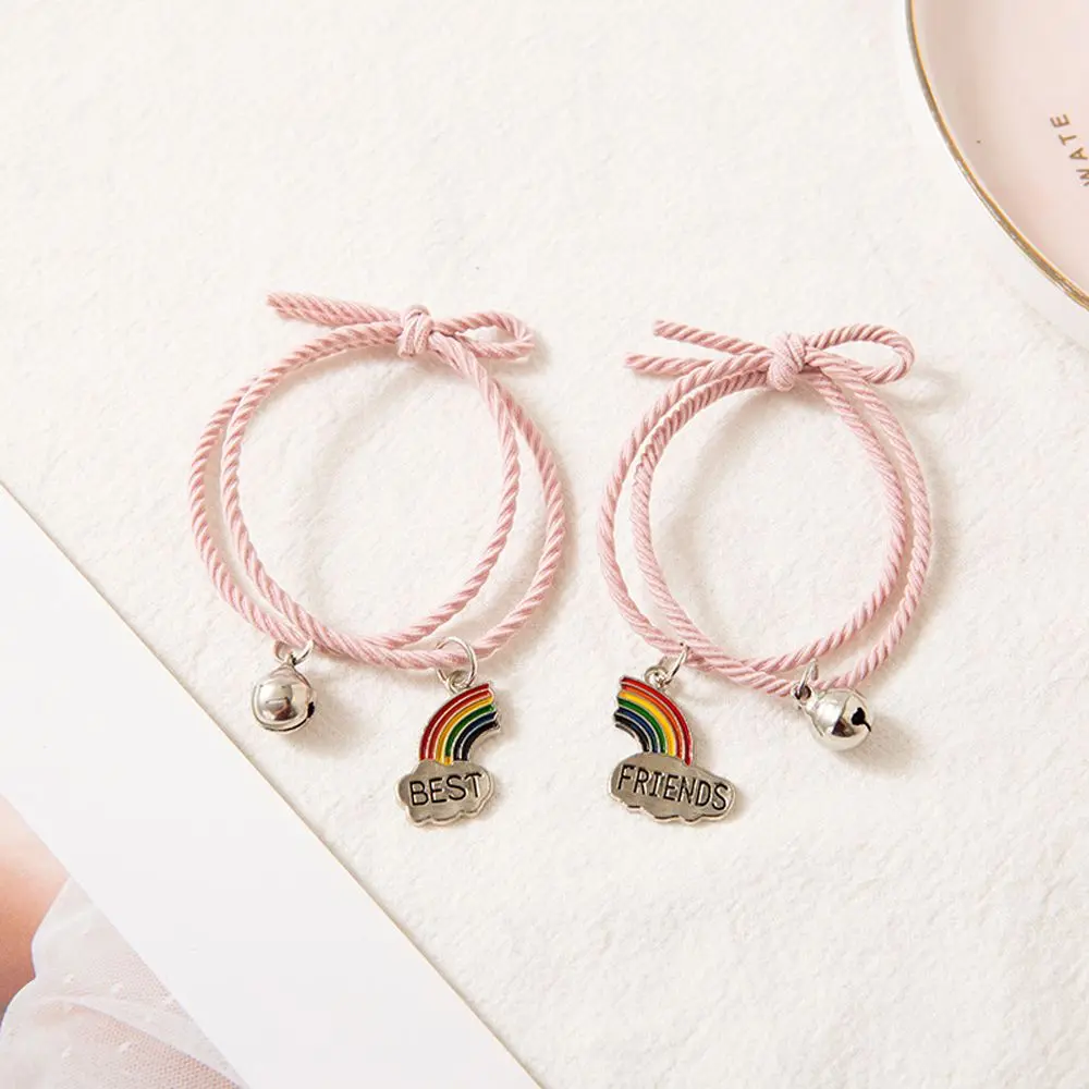 Gelang kawan baik, 2 helai / set, comel, loceng pelangi, loket, scrunchies, tali, ikat kepala, hadiah persahabatan, tali jalinan boleh laras, barang kemas
