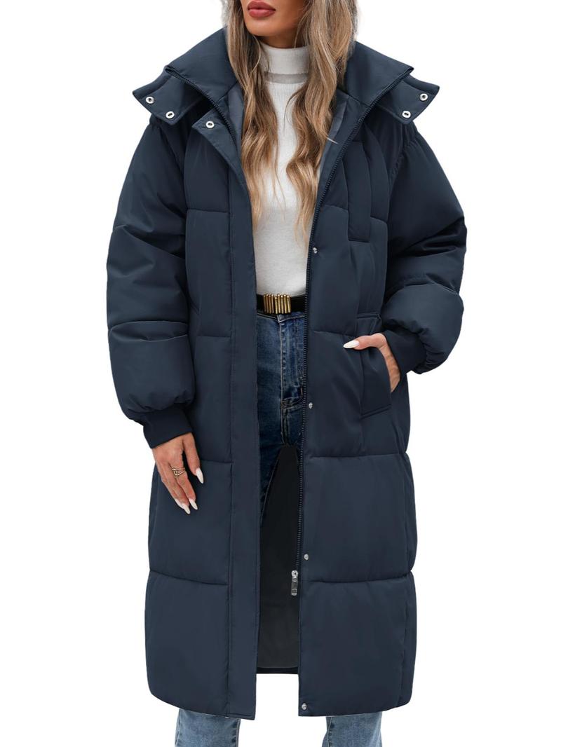 Product Introduction of Women's Solid Button Front Zipper  Hooded Longline Quilted Jacket, Casual Long Sleeve Pocket Design Outerwear for Fall & Winter, Women's Clothing for Daily Wear 1