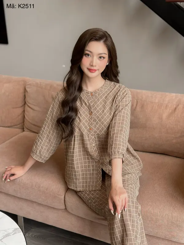 Bộ quần áo kẻ caro - K2511,pijama nữ đồ mặc nhà Lila dáng babydoll cổ tàu chất thô cotton, mềm mịn,thoáng mát 1