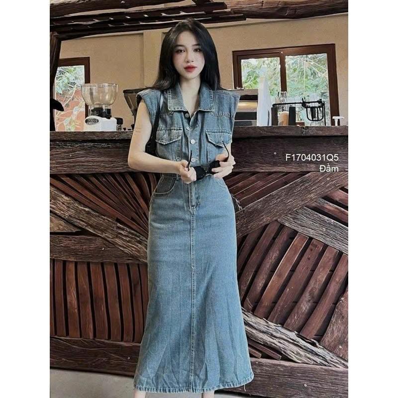 Đầm J.ean Dáng Dài Đính Khuy Tôn Dáng Cho Nữ Women Dress 8