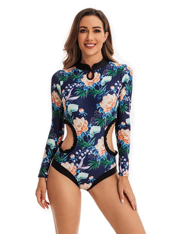 Women's Floral Print Frill Trim Cut Out One-piece Swimsuit, Elegant Mandarin Collar Long Sleeve Racing Swimwear for Beach Holiday Vacation, Ladies Swimsuit for All Seasons 2