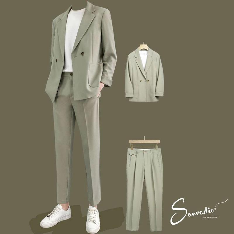 Set Blazer Nam Form Suông Rộng SANVADIO set đồ nam gồm áo blazer và quần âu ống suông phong cách Hàn Quốc AD016 Đen Menswear
