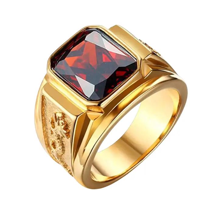 Nhẫn nam titan cao cấp thời trang kiểu chạm rồng 2 bên trangsucpt đá đỏ nhẫn màu mạ vàng thép không gỉ PTNNA255