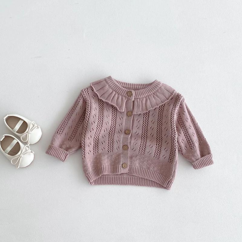 Product Introduction of Korean Baby Girl Autumn Hollow Out Sweater Cardigan Kids Fashion Cotton Ruffle Collar Knitted Jacket Spring Solid Outerwear Coat 15